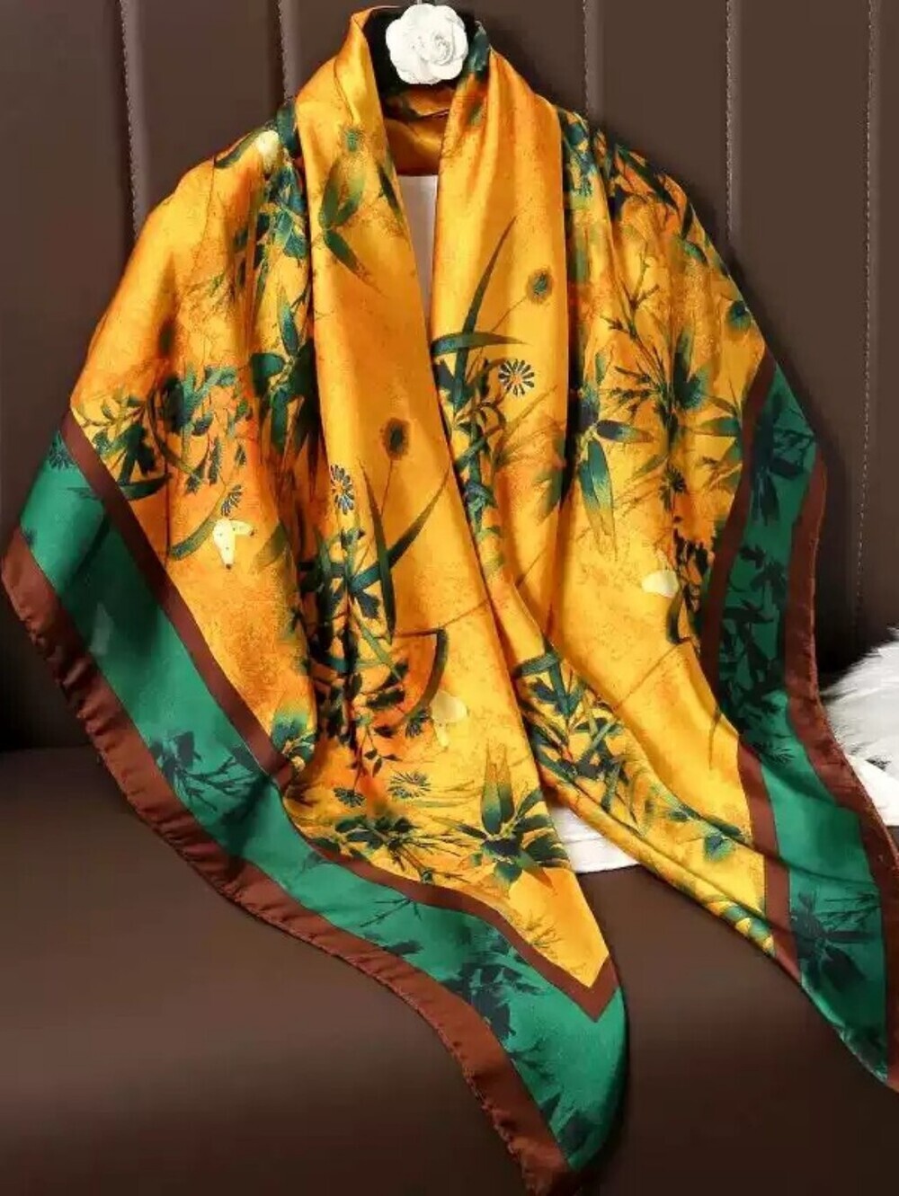 Silk-feel Yellow & Green Floral  Scarf -Women's  Head Scarf ,70×70cm - Picture 2 of 3
